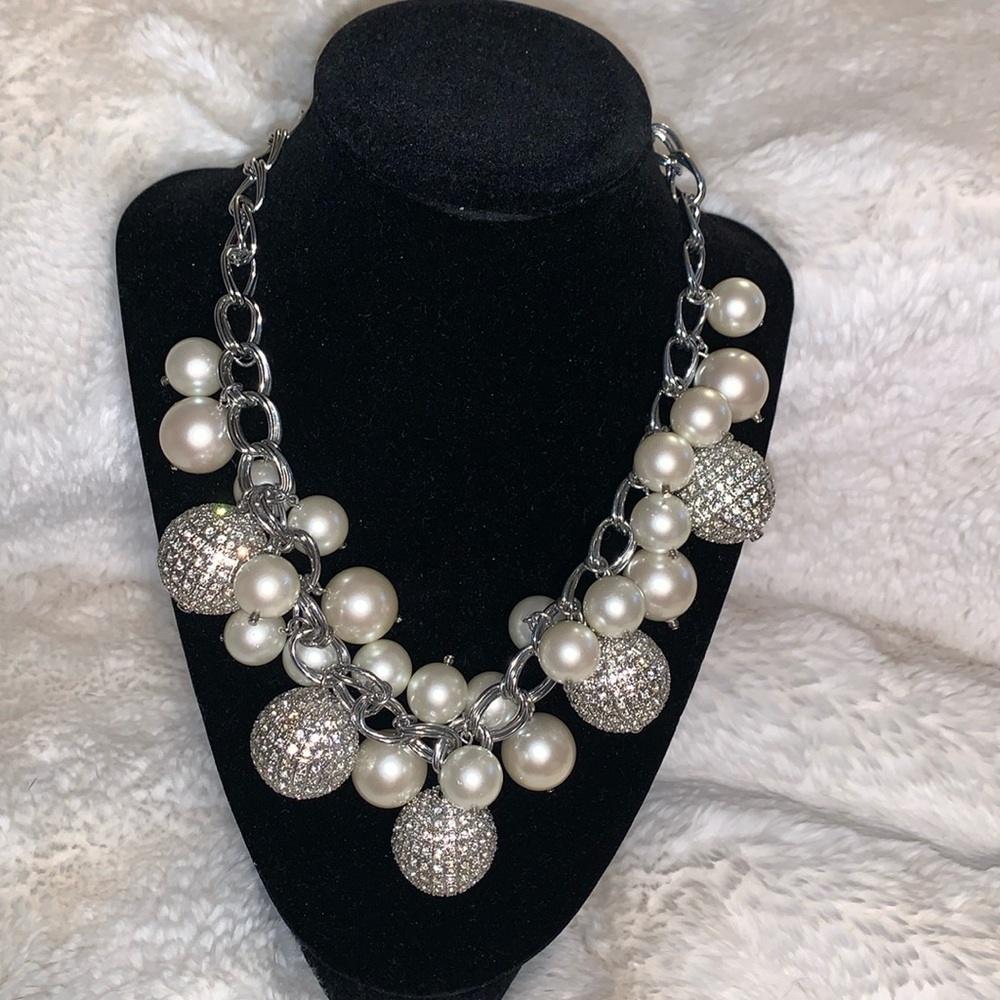 Stunning Statement necklace faux pearls and crystal pave balls